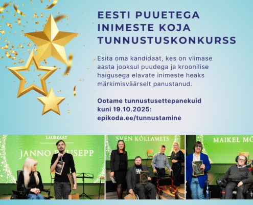 Eesti Puuetega Inimeste Koda tunnustuskonkursi plakat, millel on tekst nominatsioonide kohta, kuldne trofee, konfettid ja fotod auhinna saajatest, kellest mõned kasutavad ratastooli, kes hoiavad uhkelt laval tunnistusi.