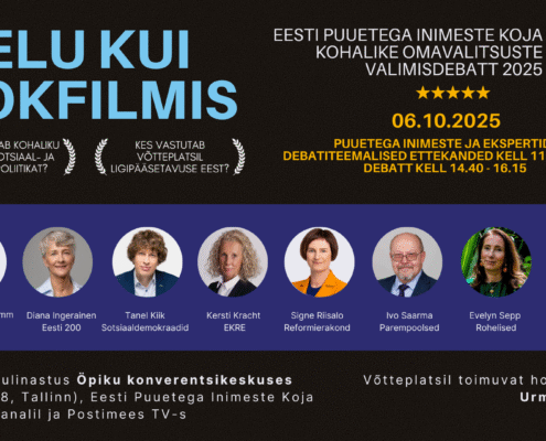 Hariduspoliitika teemalise avaliku arutelu reklaamplakat, millel on 8 kõnelejat, ürituse üksikasjad, kuupäev ja kellaaeg ning logod. Tekst on eesti keeles, paremal pool on iga kõneleja fotod ja mees, kes hoiab mikrofoni.