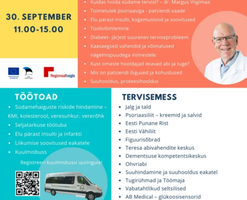 Patsiendipäeva plakat Rapla Kultuurikeskuses 30. septembril kell 11:00-15:00. Tutvustab Raplamaa tervishoiuteenuseid, loenguid, töötubasid, ürituse üksikasju ja logosid. Foto naeratavast eakast mehest. Tekst on eesti keeles. Sobib ideaalselt 2025. aasta planeerimiseks!.