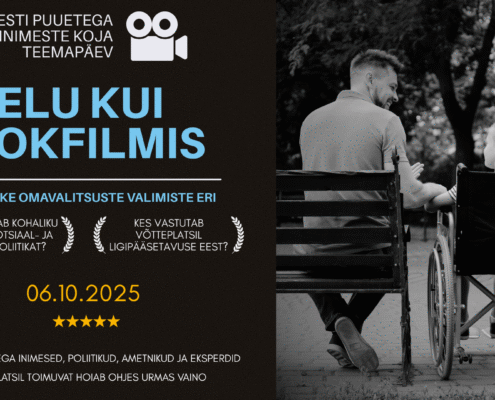 Eestikeelsel ürituste plakatil on kujutatud ratastooliga liikuja ja teine inimene mere ääres. Tekstis tuuakse esile sotsiaalpoliitika ja kohalike omavalitsuste valimise teemapäeva, mille üksikasjad on 6. oktoobril 2025. aastal.