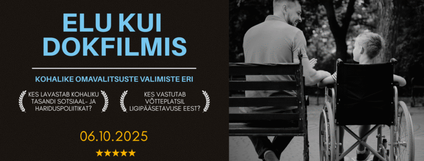 Eestikeelsel ürituste plakatil on kujutatud ratastooliga liikuja ja teine inimene mere ääres. Tekstis tuuakse esile sotsiaalpoliitika ja kohalike omavalitsuste valimise teemapäeva, mille üksikasjad on 6. oktoobril 2025. aastal.