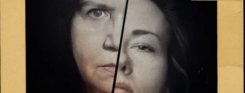 Raamid ja duell etenduse plakat: Keskealise tumade juustega naisterahva portree poolitatud näoga.