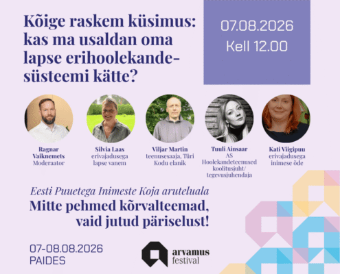 Eesti Puuetega Inimeste Koja aruteluala Mitte pehmed kõrvalteemad, vaid jutud päriselust heleroosal taustal infograafika