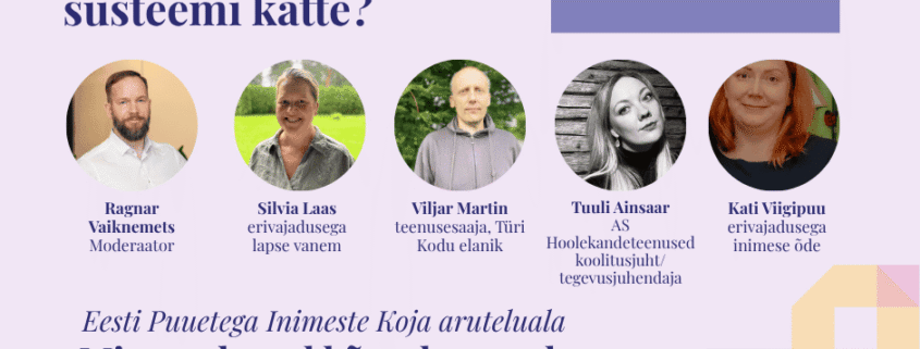 Eesti Puuetega Inimeste Koja aruteluala Mitte pehmed kõrvalteemad, vaid jutud päriselust heleroosal taustal infograafika