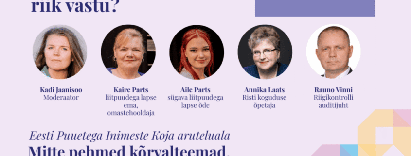 Heleroosal taustal Eesti Puuetega Inimeste Koja aruteluala infograafika. Tekst postituses.
