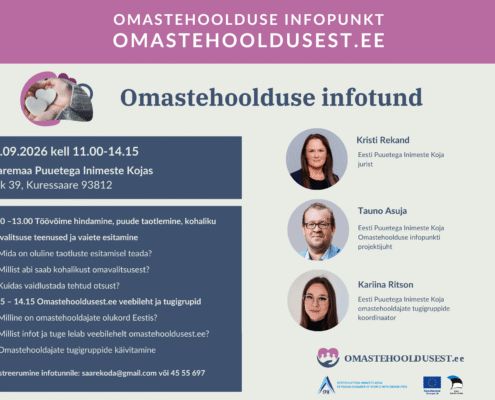 Omastehoolduse infotunni plakat. Infotund toimub 15. septembril 2026 kell 11.00–14.15 Saaremaa Puuetega Inimeste Kojas, Pikk 39, Kuressaare.
