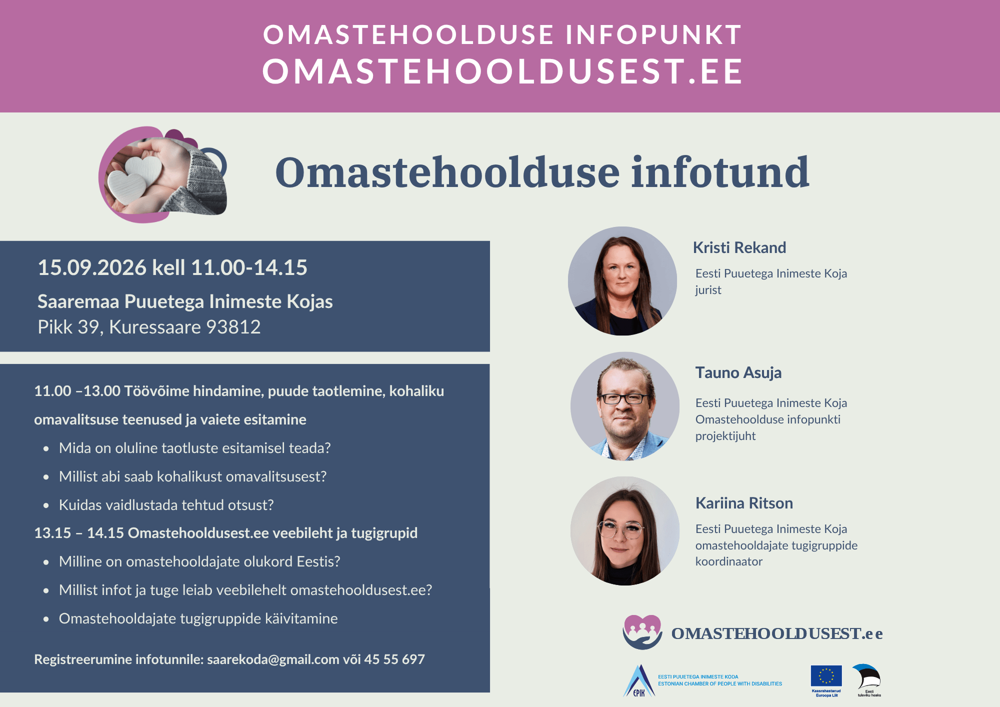 Omastehoolduse infotunni plakat. Infotund toimub 15. septembril 2026 kell 11.00–14.15 Saaremaa Puuetega Inimeste Kojas, Pikk 39, Kuressaare.
