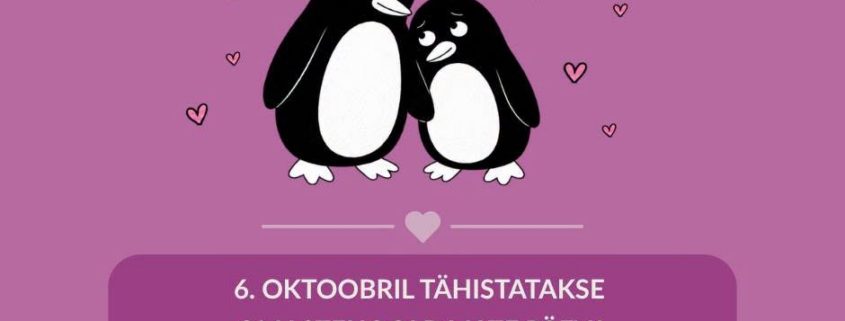 Illustratsioon kahest kaisus seisvast pingviinist, ümber roosad südamed. Suurem pingviin ütleb: „Sa oled nii tugev!“ Väiksem vastab: „Kogu aeg ei ole, aga armastus on suur.“ Allpool tekst: 6. oktoobril tähistatakse omastehooldajate päeva. Iga omastehooldaja väärib tänu, tuge ja märkamist. Hooli neist, kes hoiavad – tunnusta omastehooldajaid!
